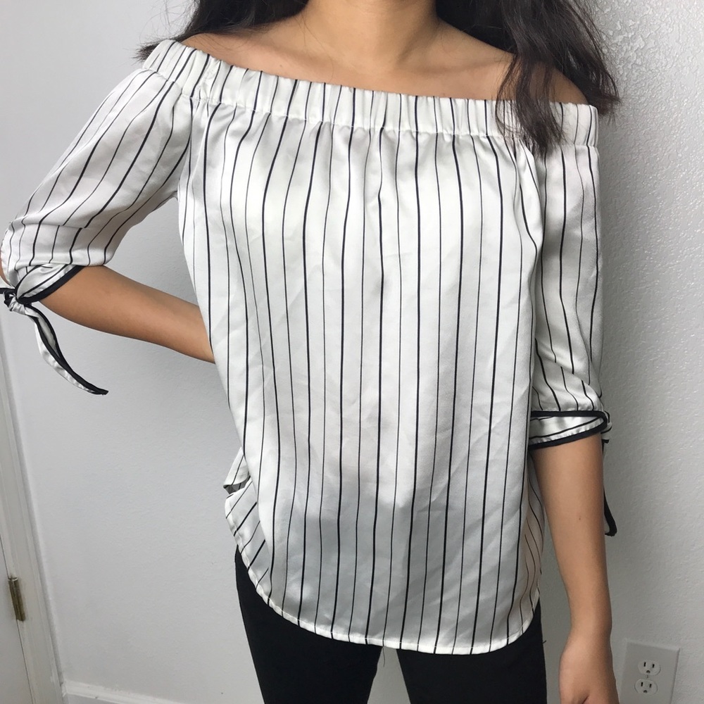 Black & White Vertical Stripe Off The Shoulder Top